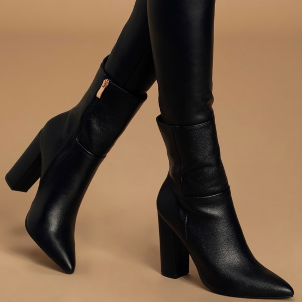 Lulu’s Dawson Black Pebble Pointed-Toe Mid Calf Boots